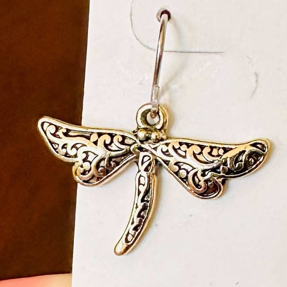 Gold Dragonfly Dangle Earrings - Picture 3 of 5